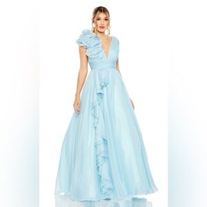 Mac Duggal Light Blue Ruffle Shoulder V-Neck Chiffon Gown size 12 style# 48856